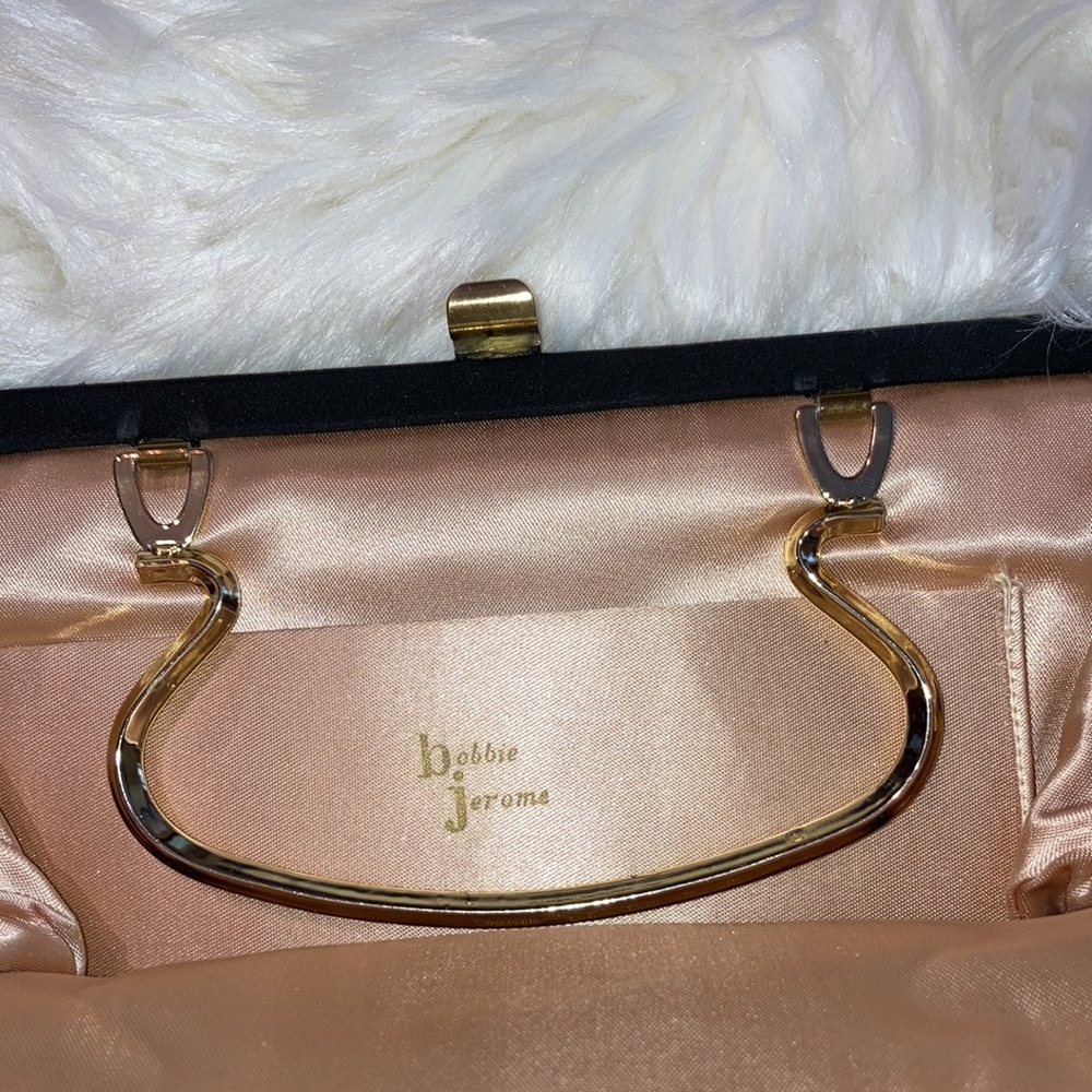 BOBBIE JEROME blk evening bag, sz. on pics, 1 spot, gold handle option. $15 - Picture 4 of 8